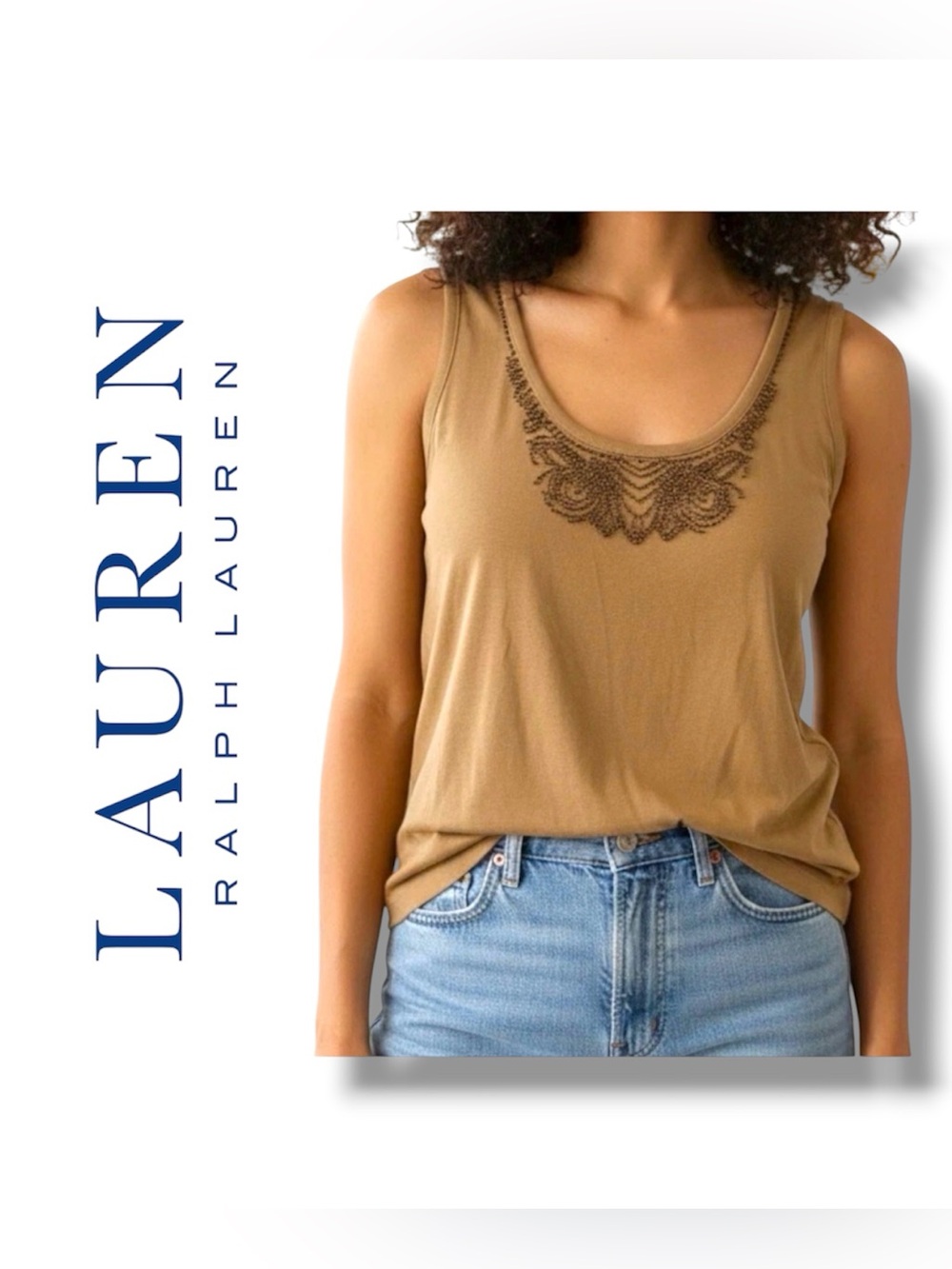 Lauren Ralph Lauren Tan Tank Top Brown Metal Bead Accents Boho Chic Resortwear